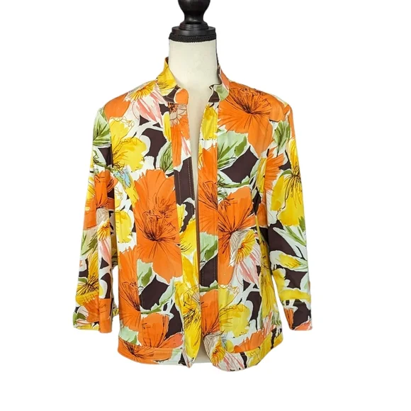 Coldwater Creek 16 Jacket Vibrant Orange Yellow Floral - Picture 2 of 12